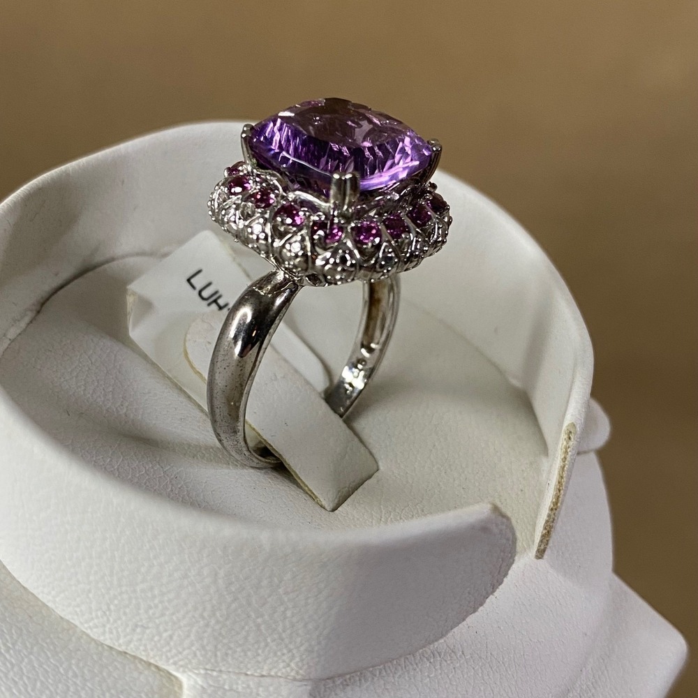 Cushion Purple Fluorite & Rhodolite Garnet‎ Sterling Silver 925 Ring Halo Sz 9 - Picture 3 of 9